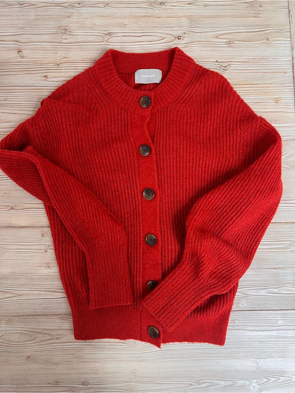 Everlane Cropped Alpaca Cardigan Small Red Orange Balloon Sleeve Sweater